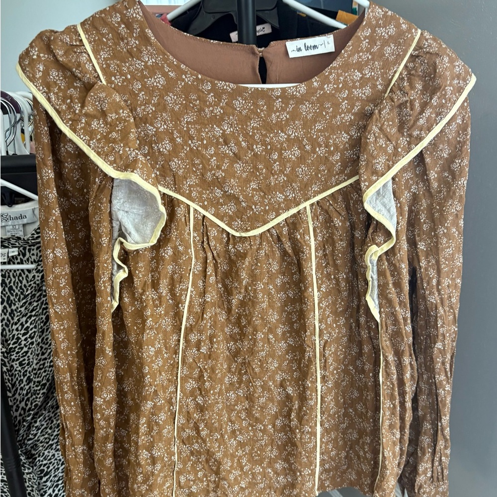 In Loom Brown Ruffled Long Sleeve Bib Collar Blouse